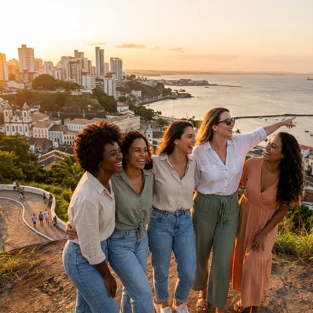 Grupo diverso de mulheres brasileiras viajando juntas no litoral